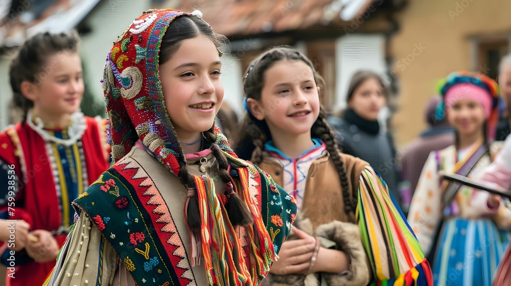 Spring harvest festival in a rural village, celebrations of bounty, folk dances, and traditional music