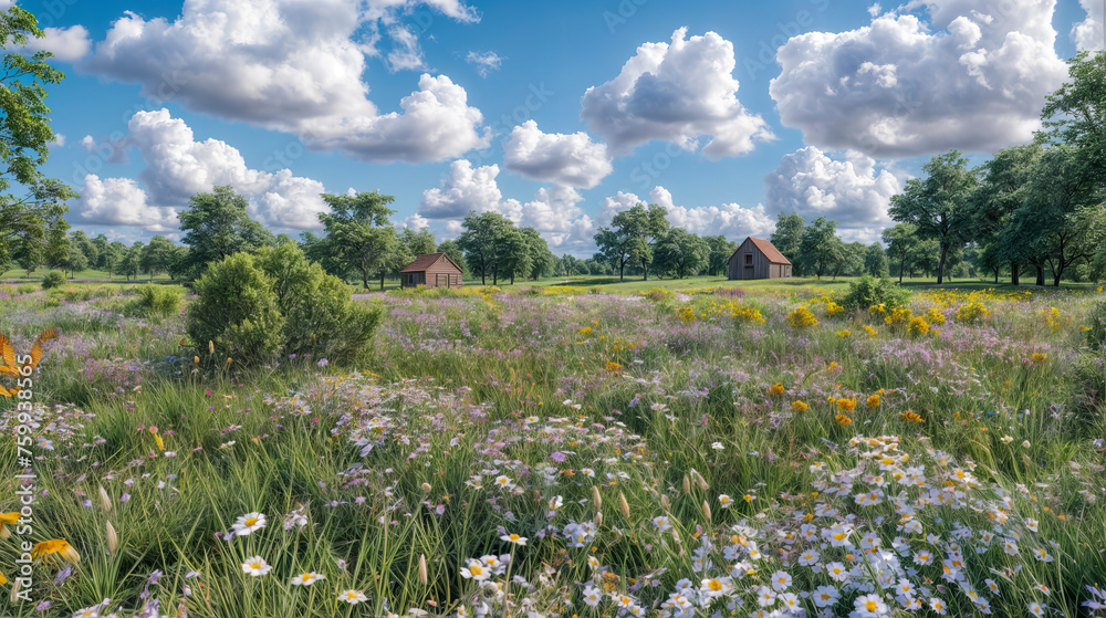 Obraz premium Blossoming Wildflower Field with Rustic Cabins