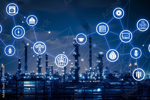Industrial IoT smart factory concept, featuring a factory building. Industry 4.0, focusing on connectivity, automation, and data exchange in manufacturing technologies.