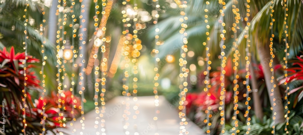 Enchanting garden with fairy lights and decor, ideal for creative text placement Enchanting garden with fairy lights and decor, ideal for creative text placement