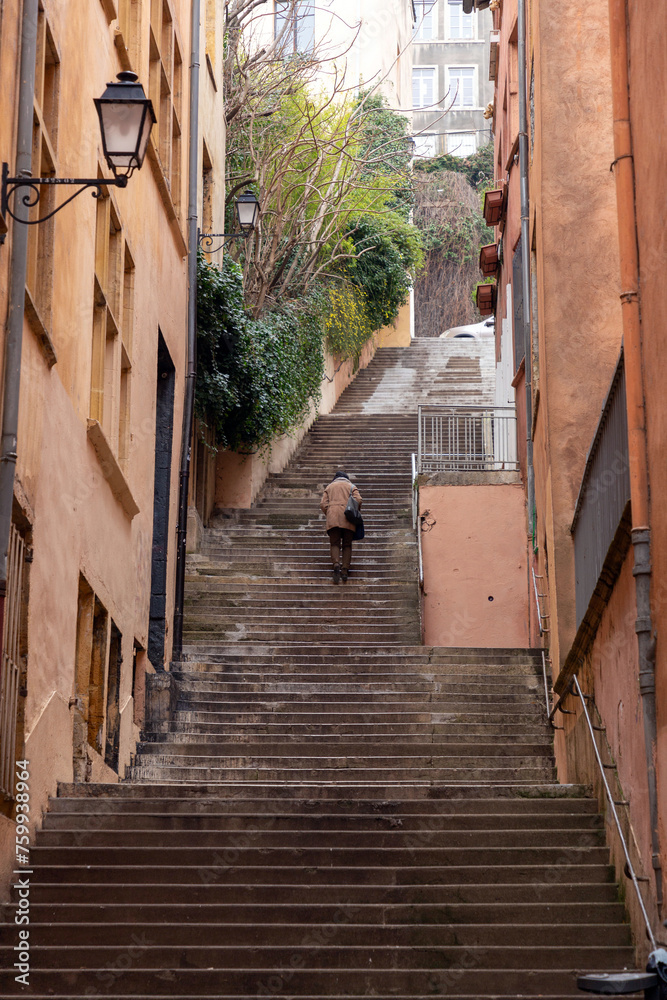 Hilly streets with steps in Lyon, Rhone Alps, France