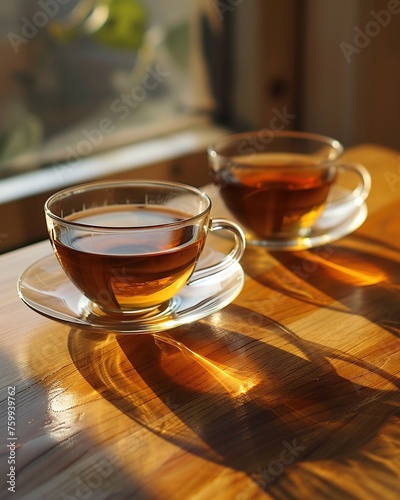 Crystal clear cups, ethereal glow, enhances empathy and understanding Friends drinking tea together