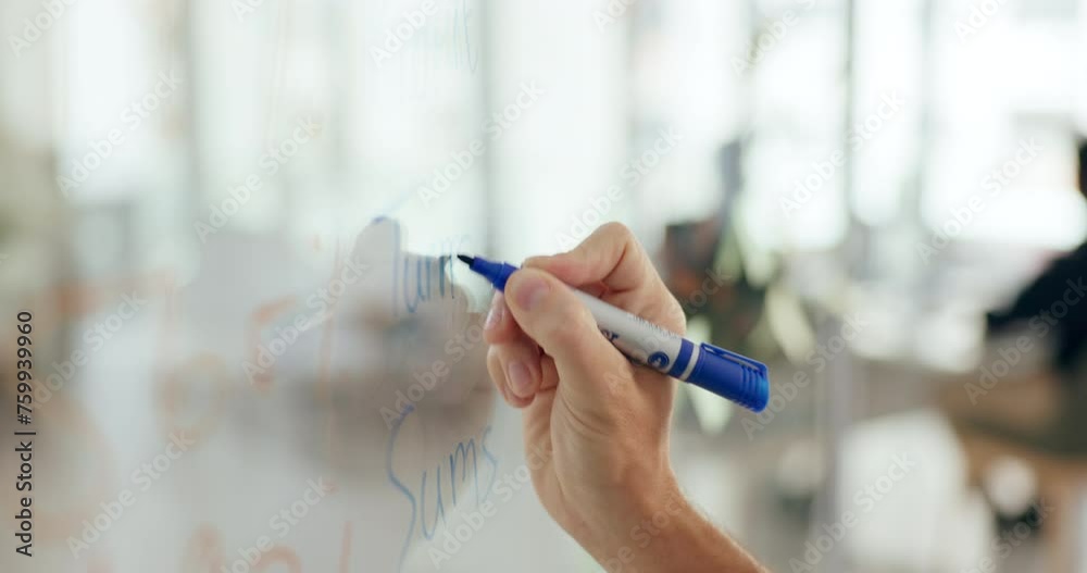 Hand, writing and glass wall for business strategy with brainstorming in office solution, problem solving or mind map. Person, fingers and marker for startup or project planning, moodboard or note