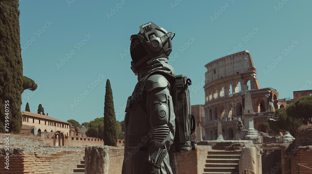 Augmented Reality Enhanced Exploration of Historical Roman Colosseum by Traveler in Smart Suit