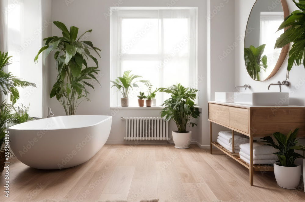 Home garden, bathroom in white and wooden tones. Close-up, parquet floor and many houseplants. Urban jungle interior design. Biophilia concept. - obrazy, fototapety, plakaty 