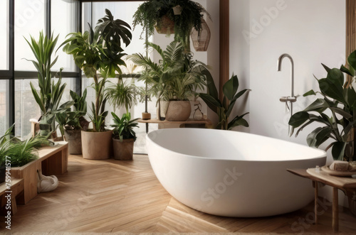 Captivating image showcasing a harmonious blend of white and wooden elements in a home garden bathroom, adorned with a variety of houseplants that infuse the space with a refreshing urban jungle vibe.