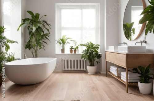Home garden, bathroom in white and wooden tones. Close-up, parquet floor and many houseplants. Urban jungle interior design. Biophilia concept. © Anna