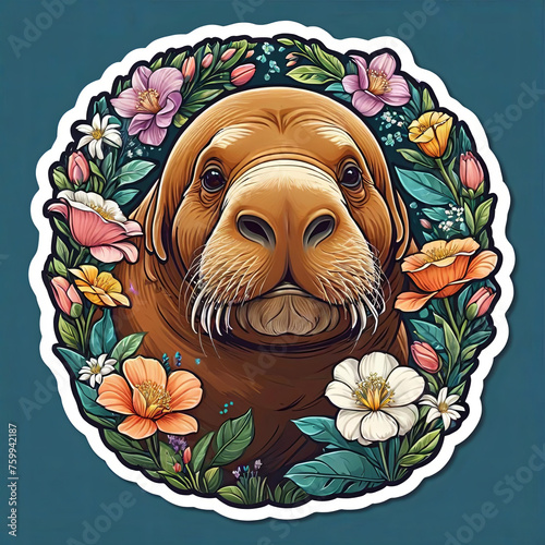 Cute Walrus with Floral Sticker on Dark Background Gen AI photo