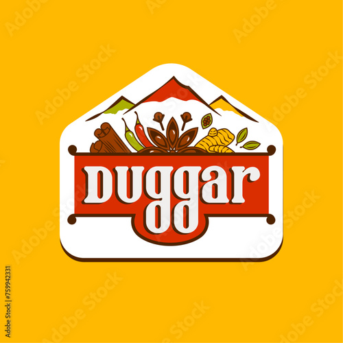 Mountain spice logo containing all the spice and colours with yellow background. 