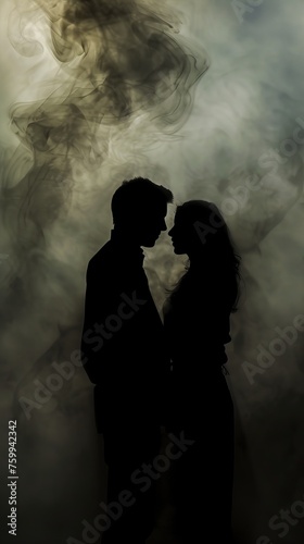 Silhouetted Figures Embracing in Ethereal Fog, Depicting Spirits in Love