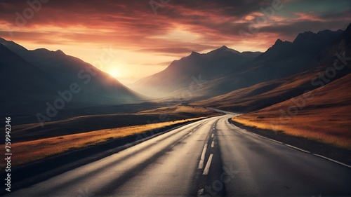 a broken road in the countryside with a mountain landscape at sunset.