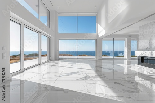 Minimalistic white bright interior with large panoramic windows and marble floors.