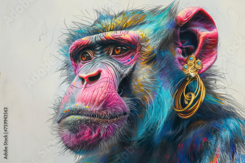 Baboon with gold earrings and rings, colourful sketch illustration.