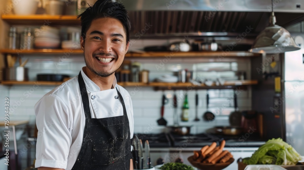 a handsome young asian man wearing apron stands in the kitchen preapring to cook and smiles. blurry background. a handsome young asian man wearing apron stands in the kitchen preapring to cook and smiles. blurry background.