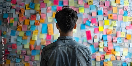 Strategic Planning: A man facing a wall covered in sticky notes. Concept Business Strategy, Problem Solving, Decision Making, Creative Thinking, Management Techniques