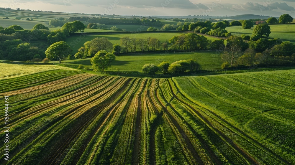 Springtime agricultural fields in the Herefordshire countryside of England.
