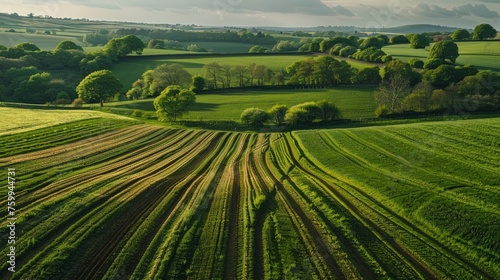 Springtime agricultural fields in the Herefordshire countryside of England.