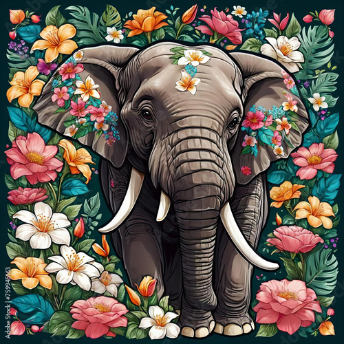 Close-Up Asian Elephant Portrait with Floral Sticker on White Background Gen AI photo