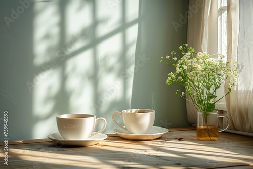 Morning calm portrayed by tea on saucer and transparent honey pot, against soft shadow play on wooden surface. Soothing scene with white teacup adjacent to glass jar of golden honey,