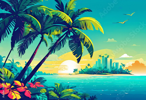 vector illustration  image of a tropical island  modern style  beautiful background for a smartphone  island vacation concept 
