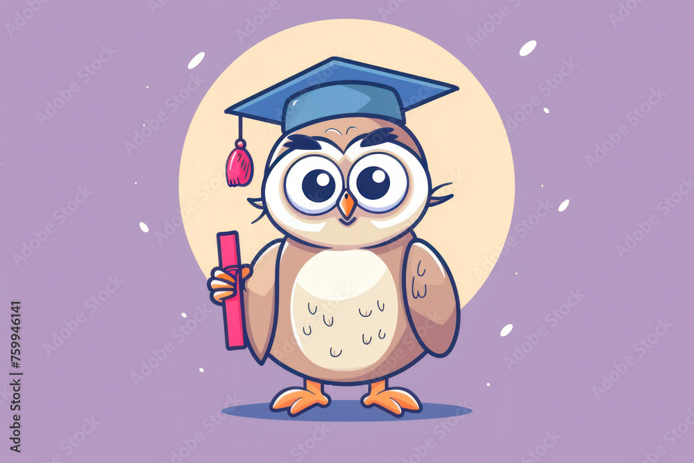 Owl wearing a graduation cap and holding a diploma, colourful cartoon illustration.