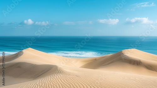 Tranquil desert vista featuring sand dunes and a vast clear horizon, ideal for ample text placement
