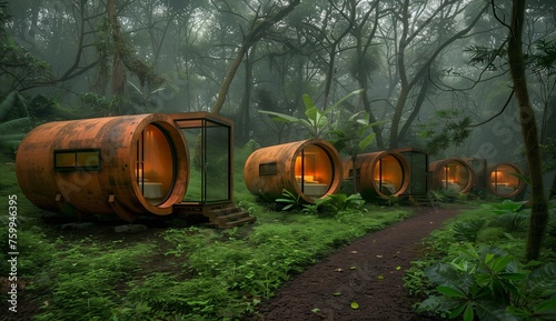 Futuristic Eco-Pods in Misty Forest Landscape