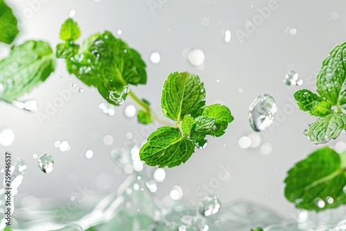 Fresh mint leaves with water splash isolated on white background