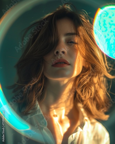 Ethereal Portrait of Obscured Individual Surrounded by Abstract Circular Light Elements