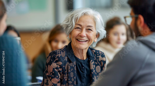 Dignified senior female teacher with elegant silver hair smiles amiably in a classroom amidst a diverse group of young students