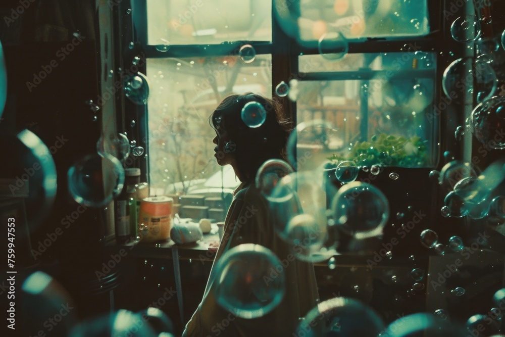 computer generated image of a girl in a room with bubbles