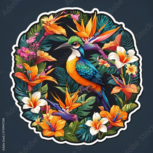 Close-Up Bird of Paradise Floral Sticker on Dark Background Gen AI photo