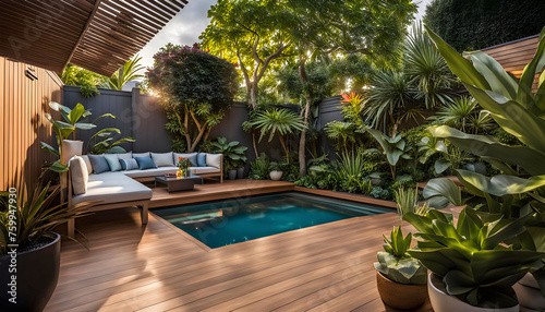 the cozy atmosphere of a homely patio in the back garden with wooden decking, tropical plants and a mini-pool, a cozy place for rest and relaxation,