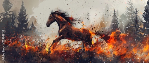A horse galloping amidst a raging forest fire  surrounded by billowing smoke and flames.