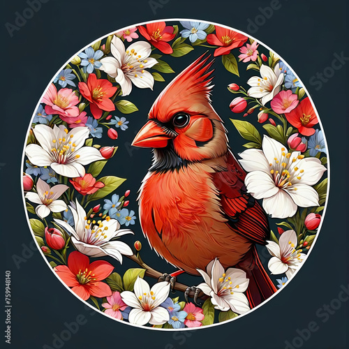 High-Quality Cute Cardinal and Floral Sticker on Dark Background Gen AI photo