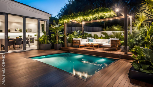 the cozy atmosphere of a homely patio in the back garden with wooden decking, tropical plants and a mini-pool, a cozy place for rest and relaxation, © Perecciv
