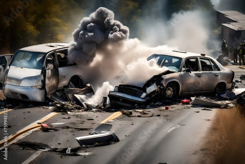 A wrecked sedan with smoke billowing from the engine compartment, surrounded by debris on a highway shoulder, with emergency responders on the scene assessing the damage, captured in high definition. photo
