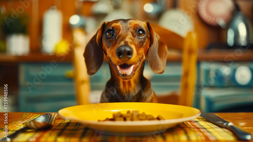 A dog is eating from a red bowl on a wooden table. The dog is happy and relaxed as it eats. humor-filled pet breakfast, cheerful dachshund dog chowing down, vibrant browns with colorful backdrop