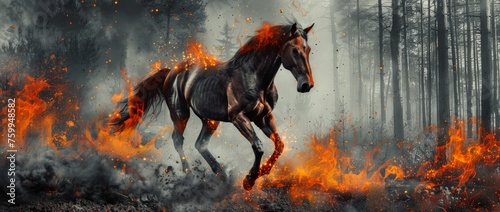 A horse galloping through a forest engulfed in flames  showcasing the intensity and danger of a wildfire.