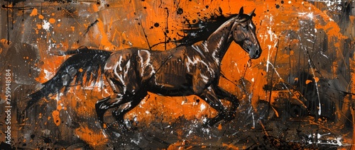 A painting of a horse running energetically against a vibrant orange background.