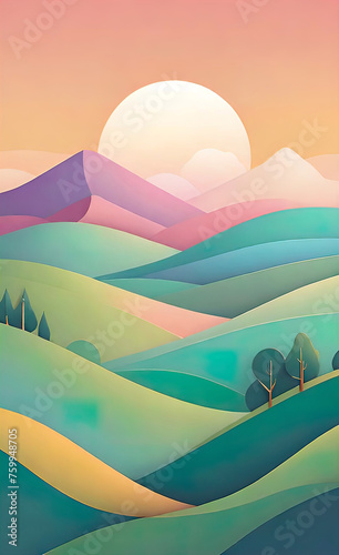 sunrise with minimalistic 3D abstract landscape with hills and soothing pastel colors  beautiful background for smartphone