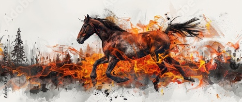A painting depicting a horse galloping while engulfed in flames.