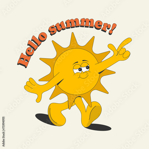 Print, sticker, poster "hello summer" with cartoon groovy character the sun isolated on a white background.Vector illustration in retro style of the 50s,60s,70s.