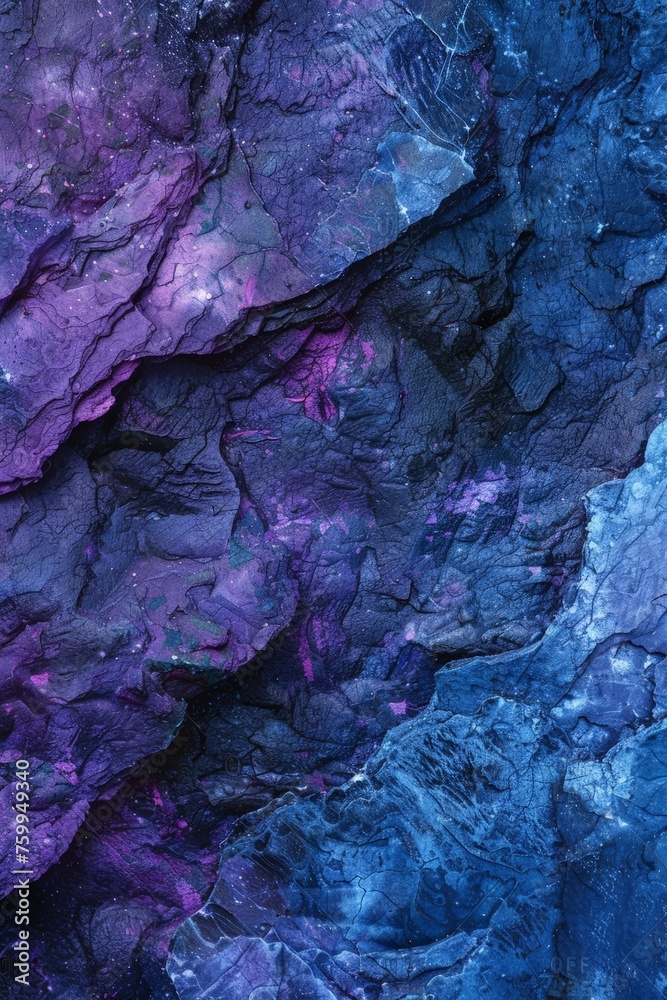 A detailed view of a rock featuring striking purple and blue hues in a close-up shot.