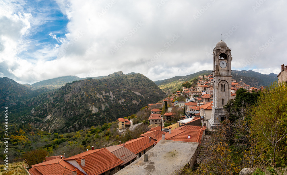 Traditional houses and the clock tower of Dimitsana village in Arcadia region, Peloponnese, Greece