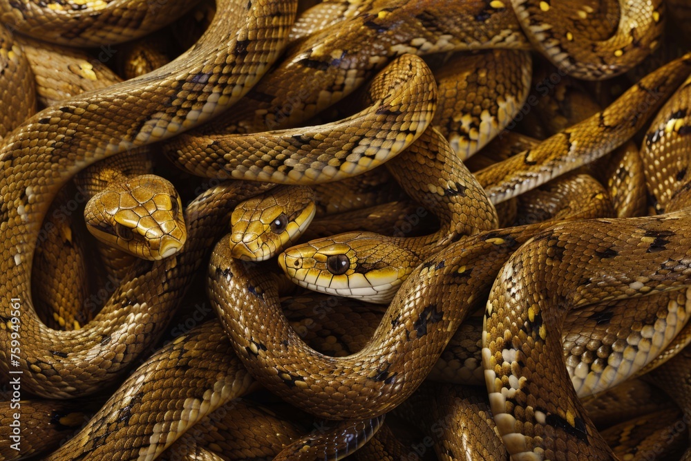 Fototapeta premium Numerous snakes entangled in a heap, coiled on top of each other.