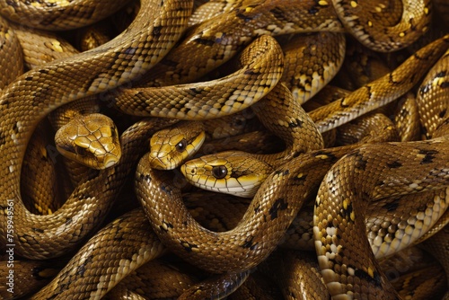 Numerous snakes entangled in a heap, coiled on top of each other. photo