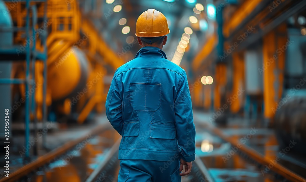 A worker walks along the work area, rear view. A worker walks along the work area, rear view.