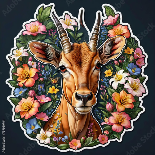 Close-Up Portrait of Bubal Hartebeest with Floral Sticker on Dark Background Gen AI photo