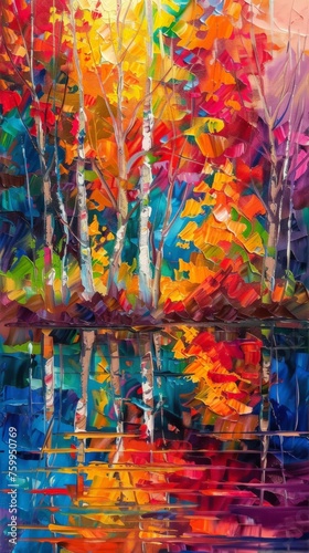A painting depicting trees with vivid, colorful leaves in full bloom, showcasing the beauty of nature in a vibrant palette.